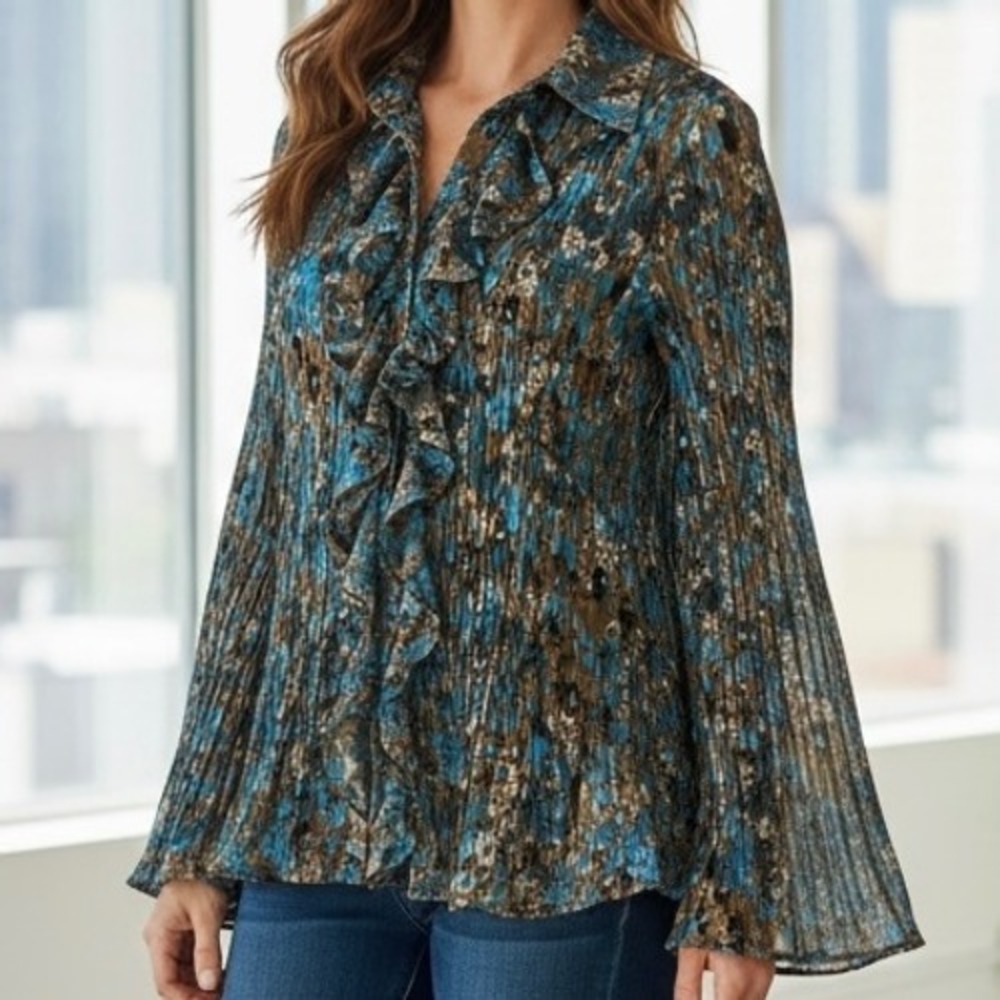 Floral Pleated Ruffle Front Long Sleeve Blouse Top Bell Sleeve Womens Sz M Flirt